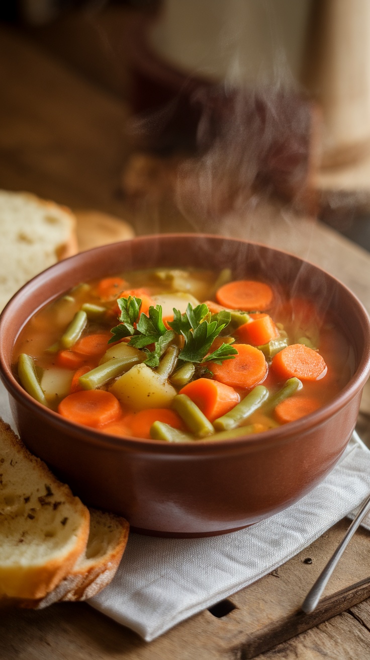 A bowl of hearty vegetable soup with carrots, green beans, and potatoes, garnished with parsley, on a wooden table with bread.